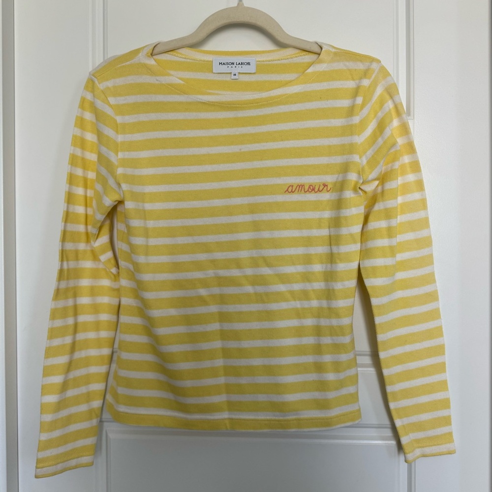 Maison Labiche Paris Amour Yellow & White Striped Long Sleeve Tee Shirt